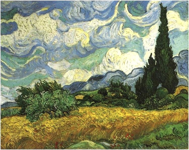 A painting by vincent van gogh featuring a dynamic and expressive sky with swirling clouds over a vibrant landscape with a cypress tree and fields.